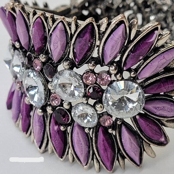 Bold Purple Cuff Bracelet Floral Motif Purple Bangle - Picture 4 of 14